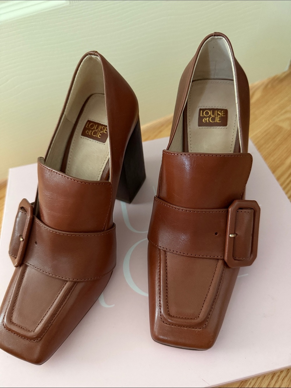 Louise et Cie Cognac Leather Square-Toe Block Heel Loafers